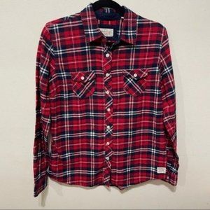 weatherproof vintage women's red/navy plaid flannel button down shirt medium